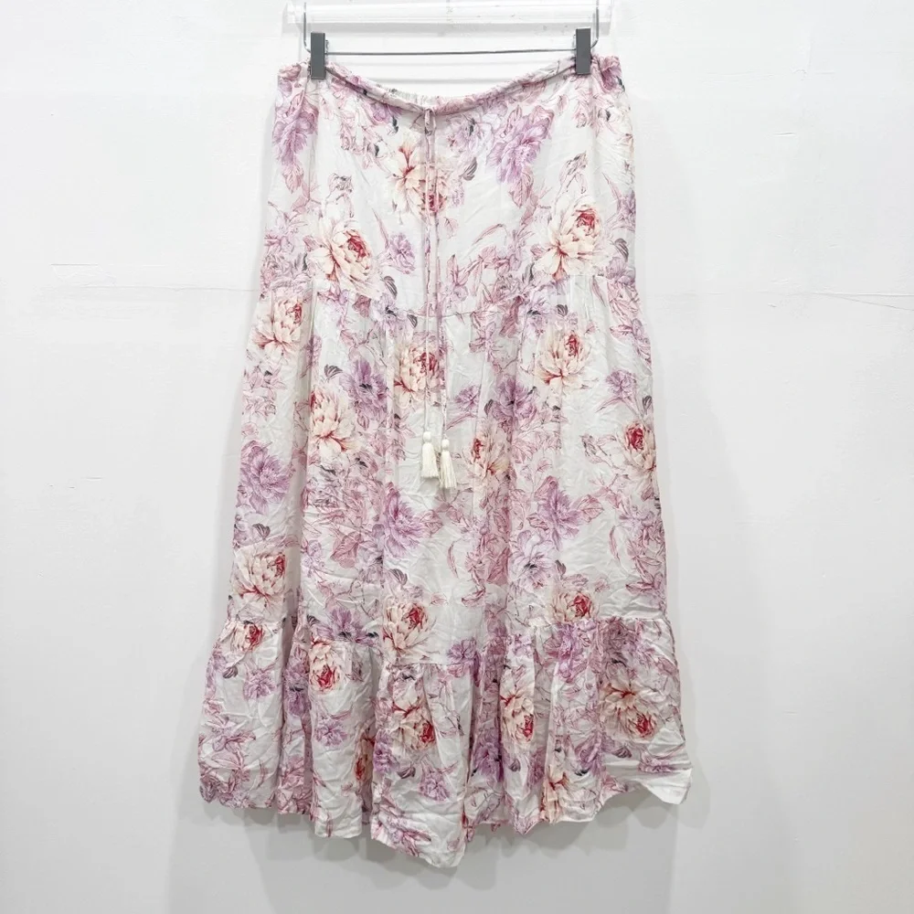 Olivaceous Daphne Ivory Floral Print Ruffle Midi Skirt Large